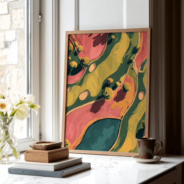 Modern Golf Aerial Poster with winding fairways, oval bunkers, and tree shadows