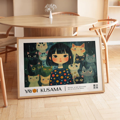 Horizontal artwork of a girl surrounded by whimsical cats.