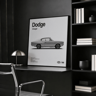 Black and white Dodge Charger Art Print ideal for office decor