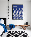 Graphic blue modern wall art print designed with a 1923 Bauhaus style influence.