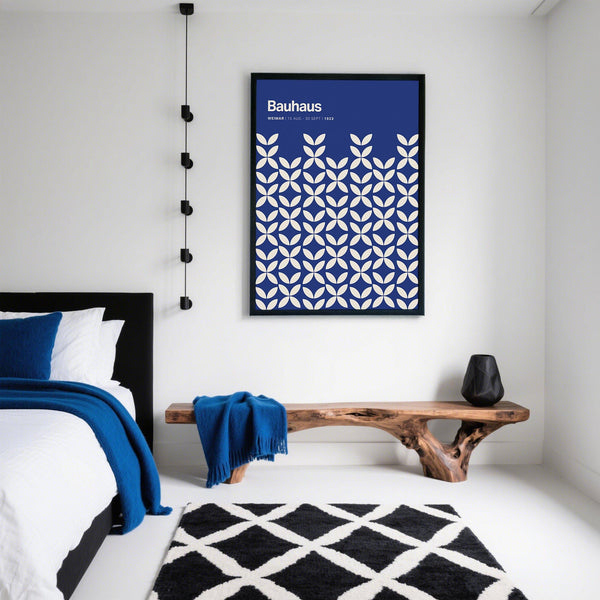 Graphic blue modern wall art print designed with a 1923 Bauhaus style influence.