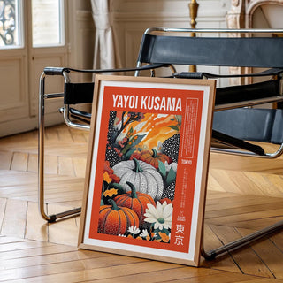 Fall leaves and dotted textures in a print inspired by Yayoi Kusama pumpkin print.