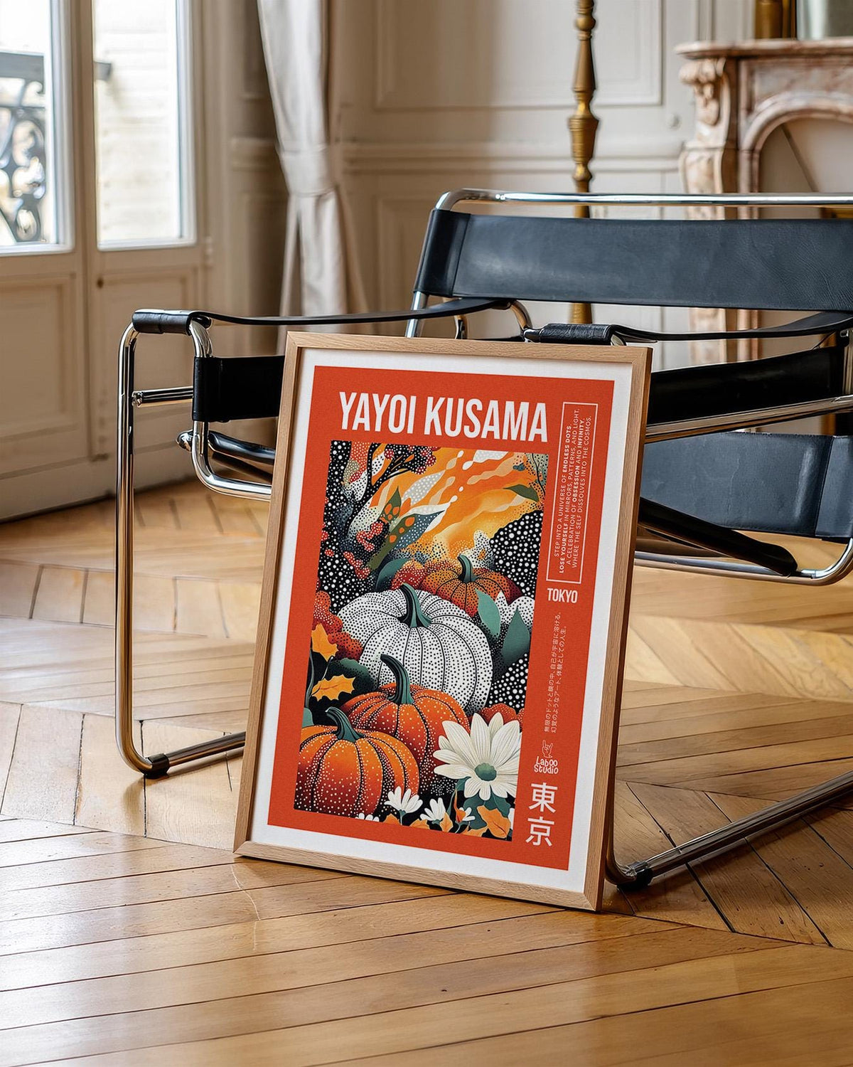Fall leaves and dotted textures in a print inspired by Yayoi Kusama pumpkin print.
