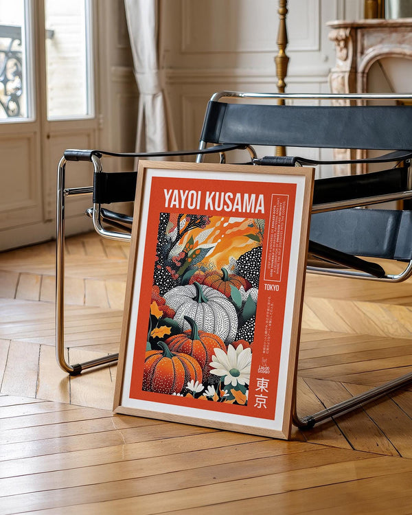 Fall leaves and dotted textures in a print inspired by Yayoi Kusama pumpkin print.