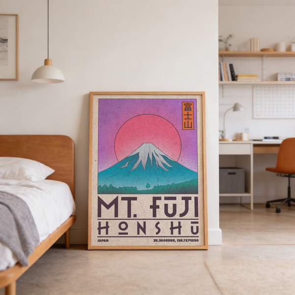 Japanese-inspired Mount Fuji wall art print with vertical text panel