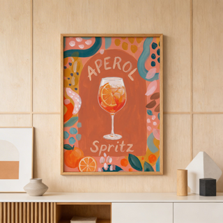 Showcasing painted cocktail poster with stemmed glass, ice cubes, and orange wheel