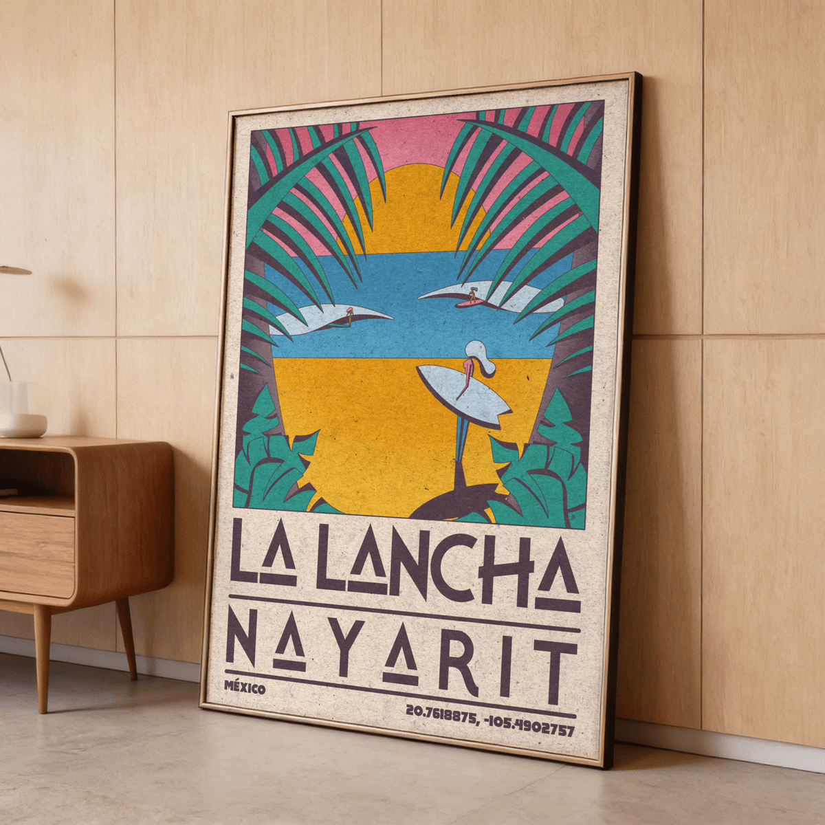 Closeup of Surfer Beach Art Print showing layered aqua and sand bands