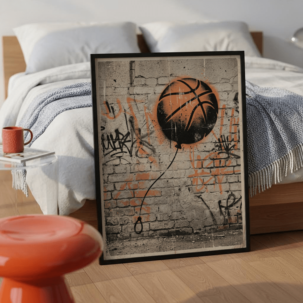 Graphic basketball street-art print poster with central ball motif and trailing string line