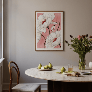 Soft watercolor field behind outlined flowers, vertical wall art print