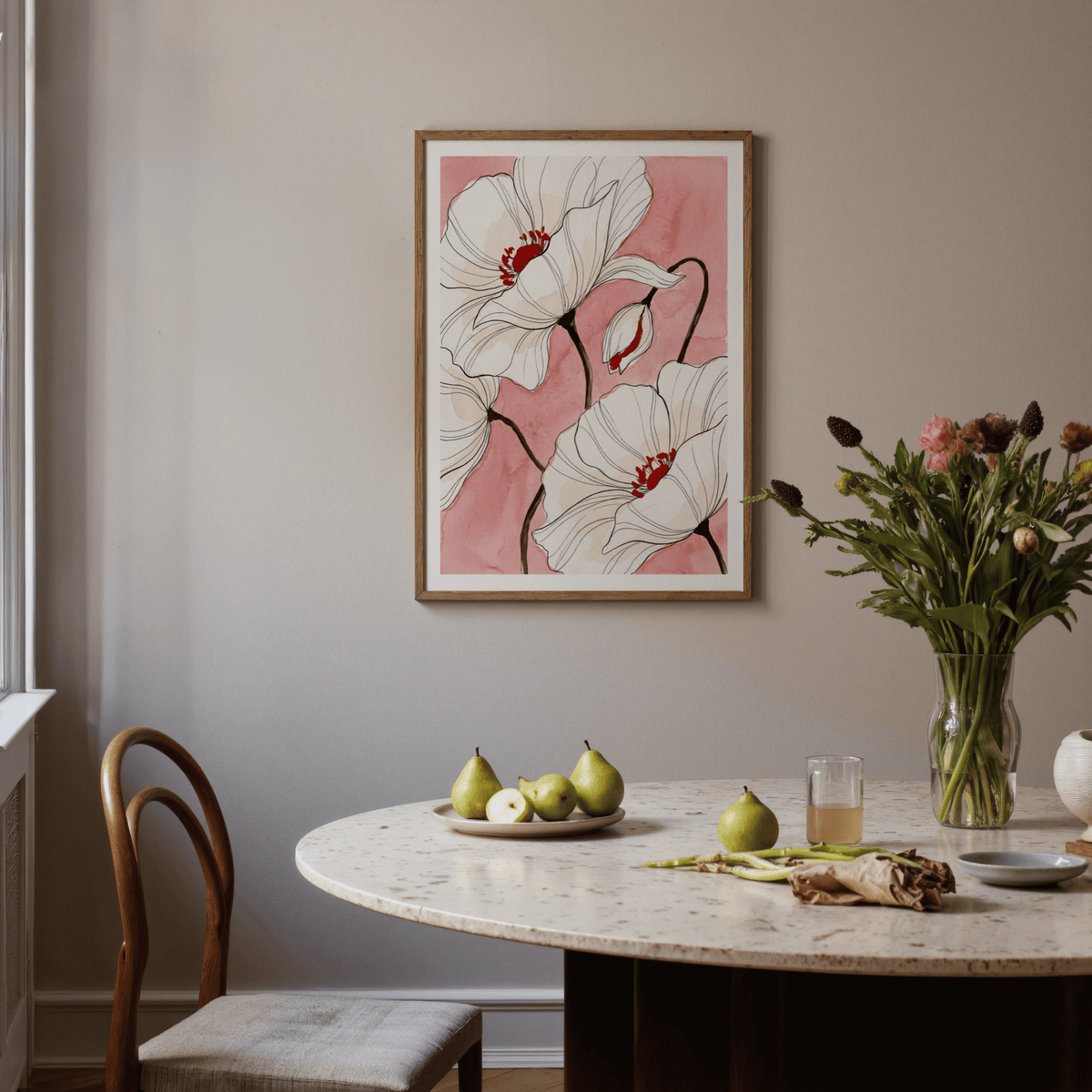 Soft watercolor field behind outlined flowers, vertical wall art print