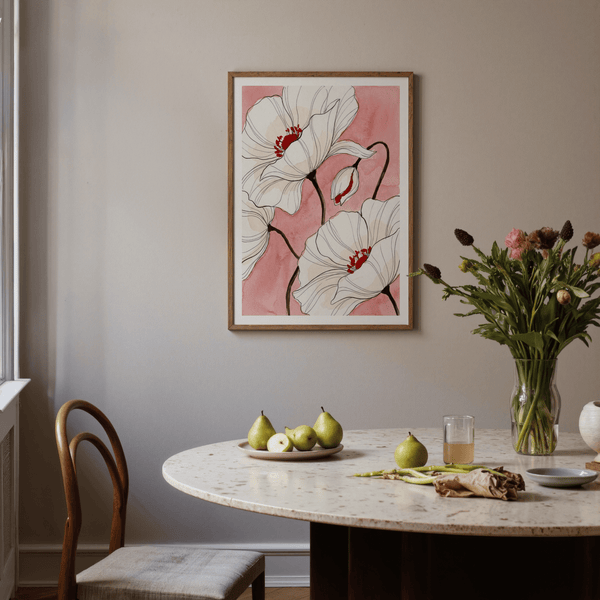 Soft watercolor field behind outlined flowers, vertical wall art print