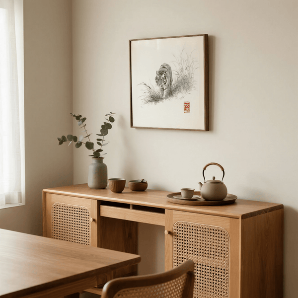 Tiger Ink Art decor in gray and white for bedroom wall