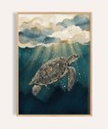 Ocean Print Decor blue and gold turtle art for living room wall art