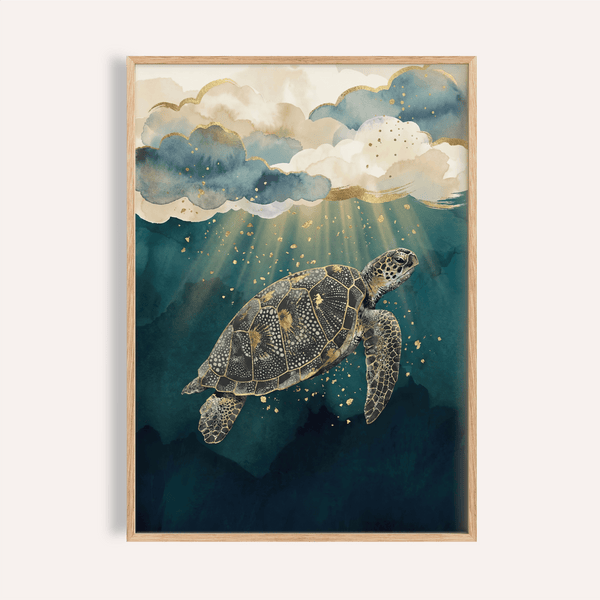 Ocean Print Decor blue and gold turtle art for living room wall art