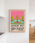 Angkor Wat Art travel poster using Pink, Green, and Beige palette and clean linework