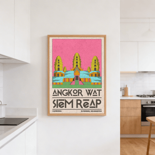 Angkor Wat Art travel poster using Pink, Green, and Beige palette and clean linework