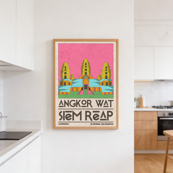 Angkor Wat Art travel poster using Pink, Green, and Beige palette and clean linework