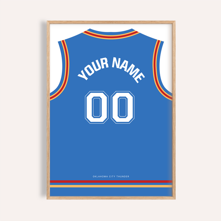 Front-facing Oklahoma City Thunder Basketball Jersey Poster with arched name text and 00 numbers