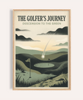 Poster showing a golf course landscape with putting green, flag, and ball trail