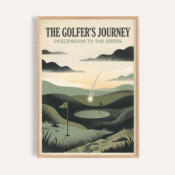 Poster showing a golf course landscape with putting green, flag, and ball trail