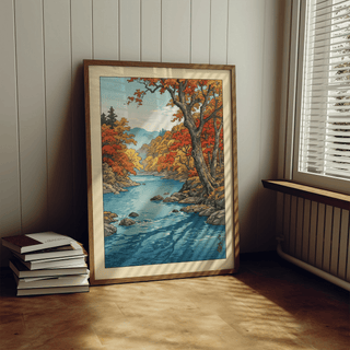 Landscape poster mockup of a Japanese river scene in late autumn colors