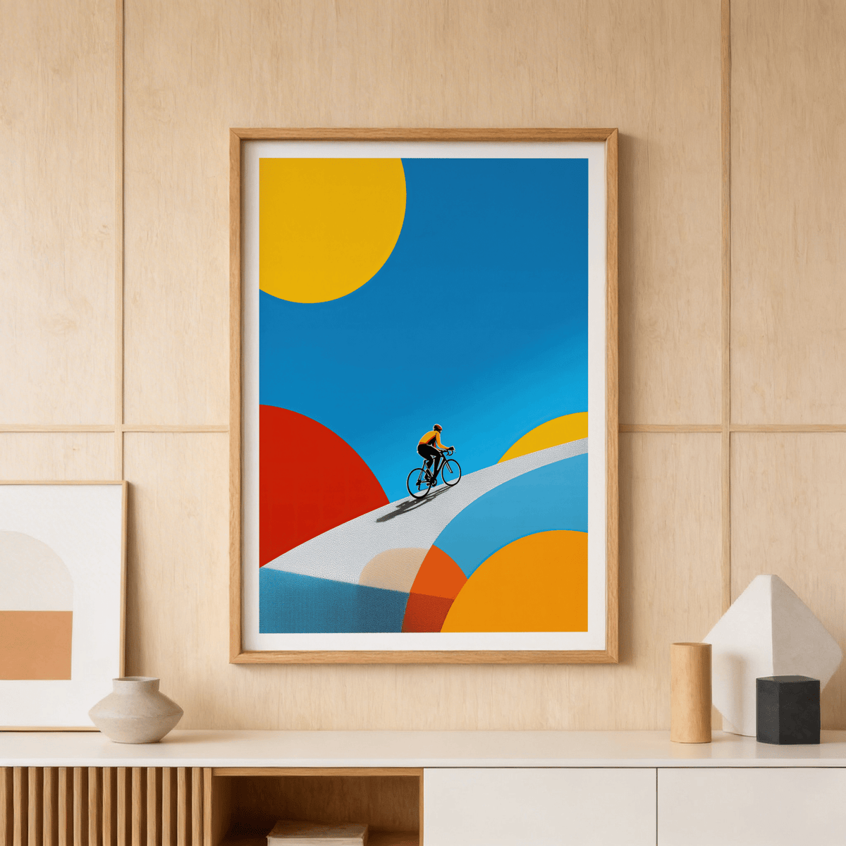 Minimal cycling print showing lone rider on bike with sweeping arc landscape