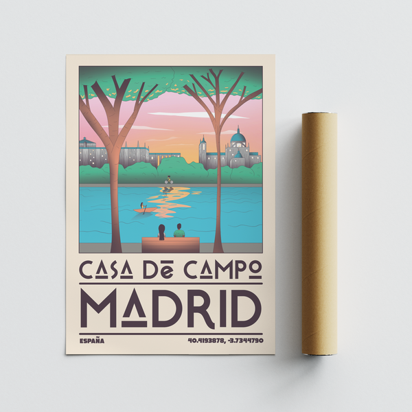 Bottom text details on Madrid travel poster print including coordinates