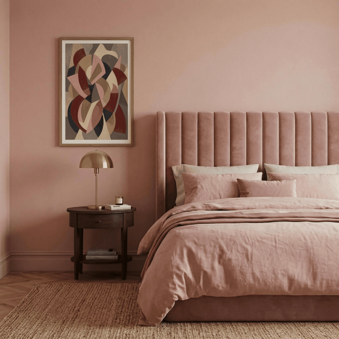 Blush pink bedroom with a tall velvet headboard, pink linen bedding, a brass lamp and an abstract print in burgundy, blush and grey