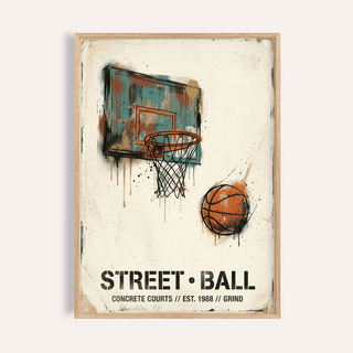 Graffiti-style Street Basketball Art Print poster with hoop, net, and paint drips