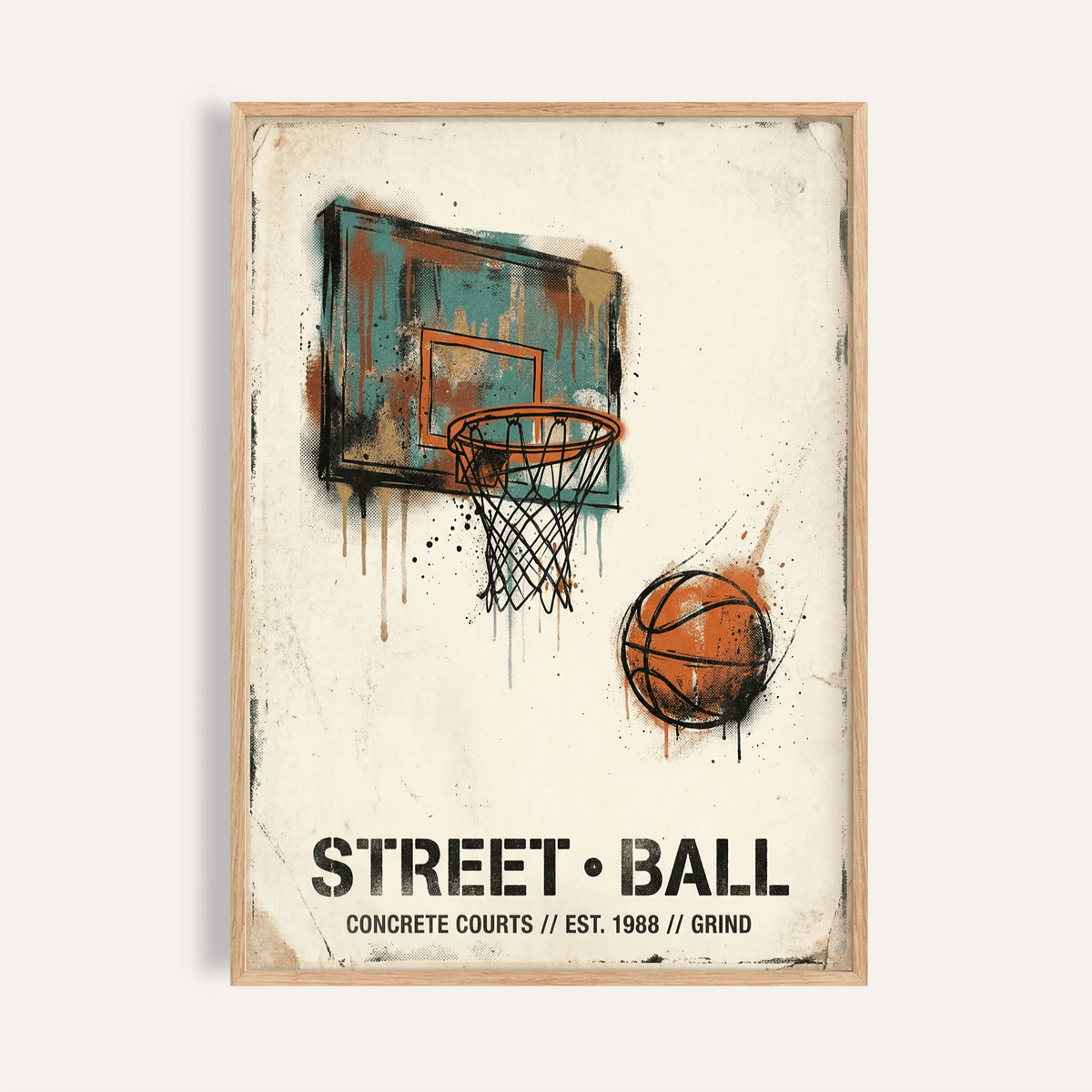 Graffiti-style Street Basketball Art Print poster with hoop, net, and paint drips
