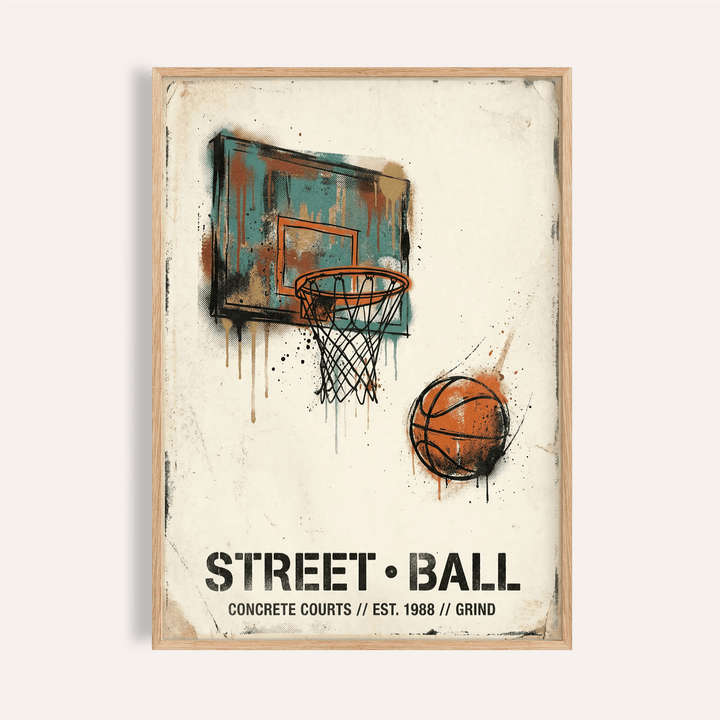 Graffiti-style Street Basketball Art Print poster with hoop, net, and paint drips
