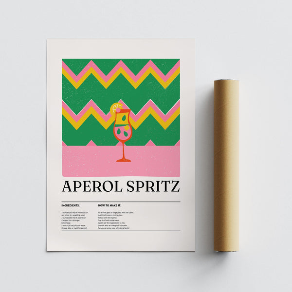 Cocktail artwork of Aperol Spritz with playful vintage-style graphics.