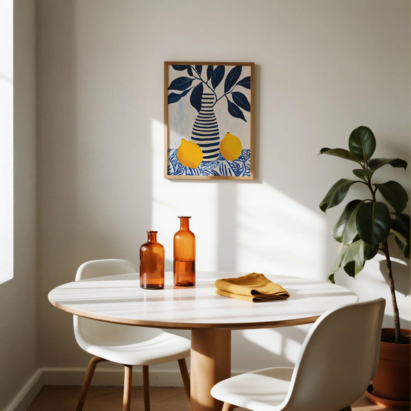 Abstract lemon art showcasing bright citrus and a navy and cream-striped vase.