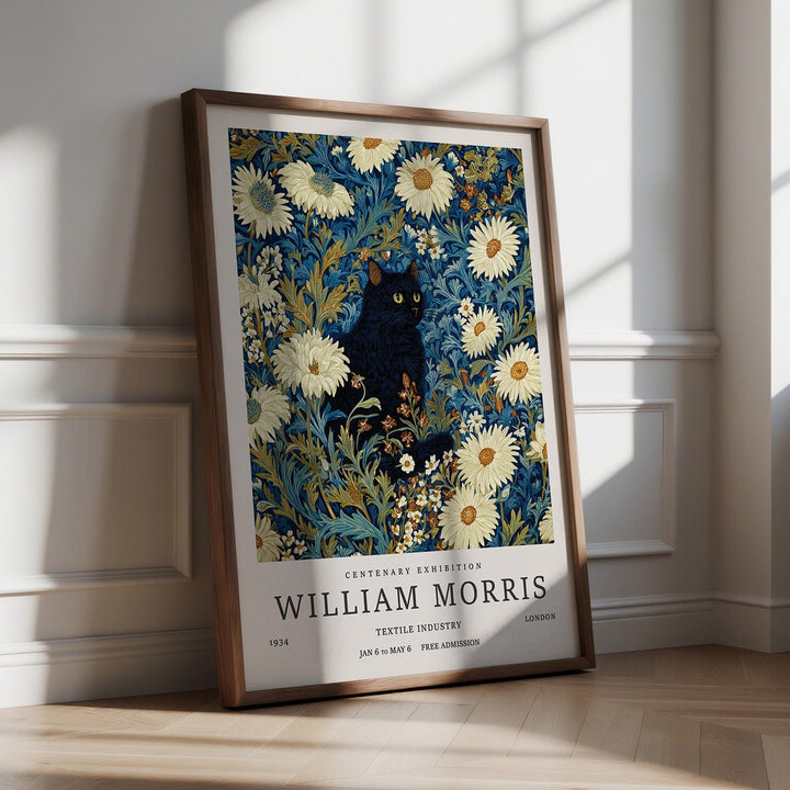 Black Cat Art Print with sleek feline surrounded by white daisies and blue foliage.