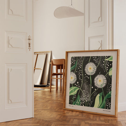 Modern botanical decor featuring white dandelions.