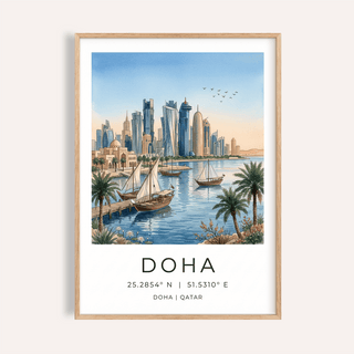 Waterfront Doha City Art Print poster with skyline and dhow boats