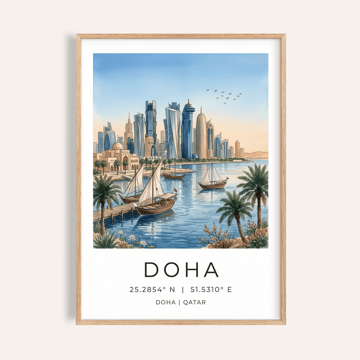 Waterfront Doha City Art Print poster with skyline and dhow boats