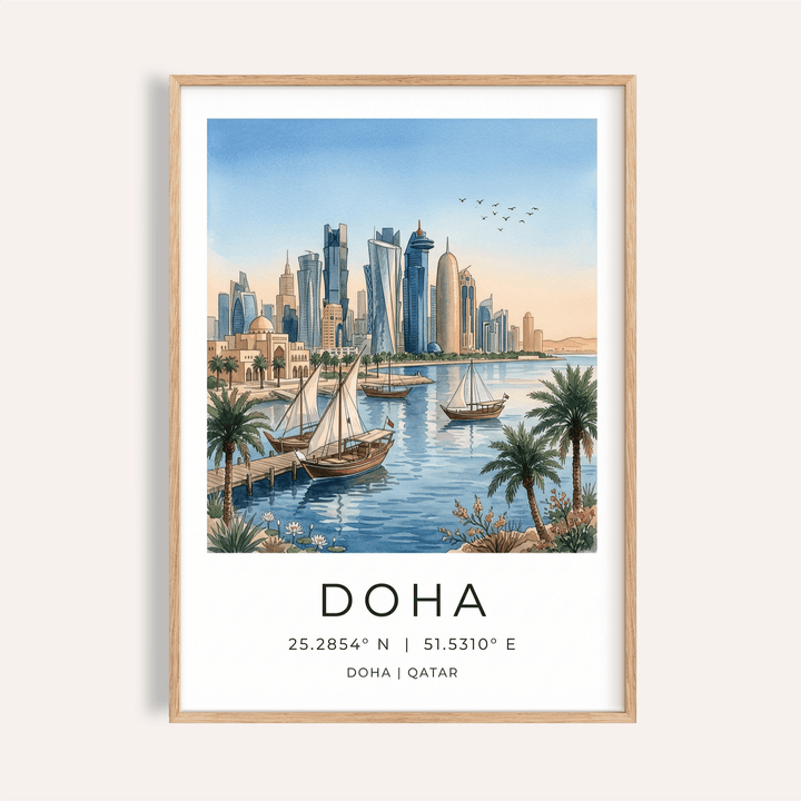 Waterfront Doha City Art Print poster with skyline and dhow boats