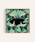 Front view of Colorful Animal Wall Art poster with four spotted deer and layered leaves