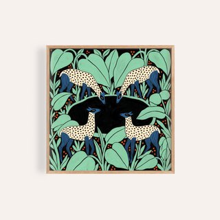 Front view of Colorful Animal Wall Art poster with four spotted deer and layered leaves