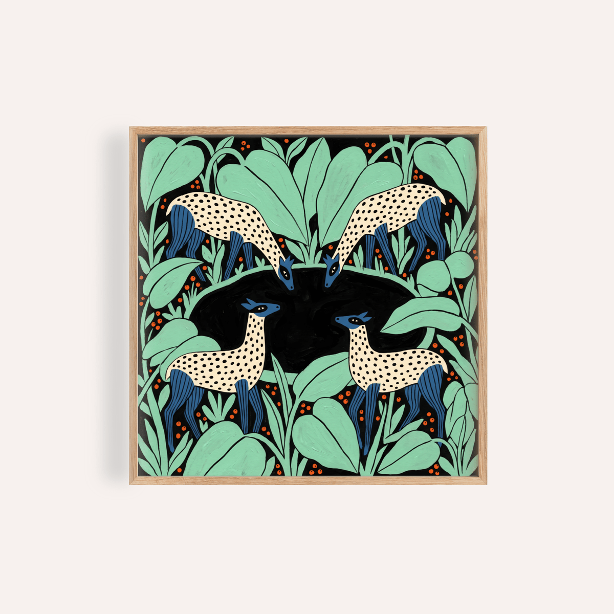 Front view of Colorful Animal Wall Art poster with four spotted deer and layered leaves