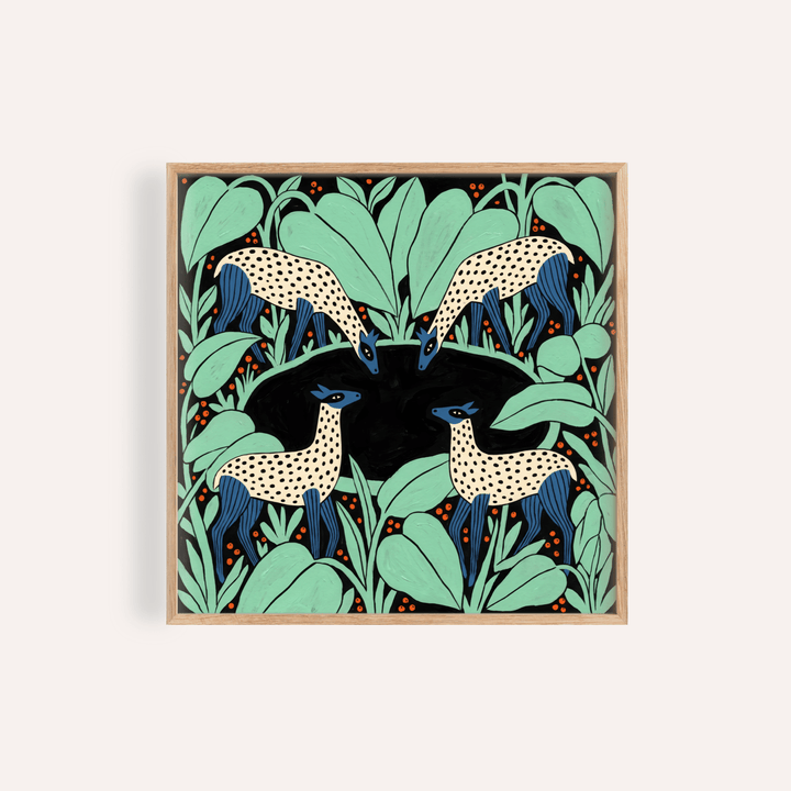 Front view of Colorful Animal Wall Art poster with four spotted deer and layered leaves