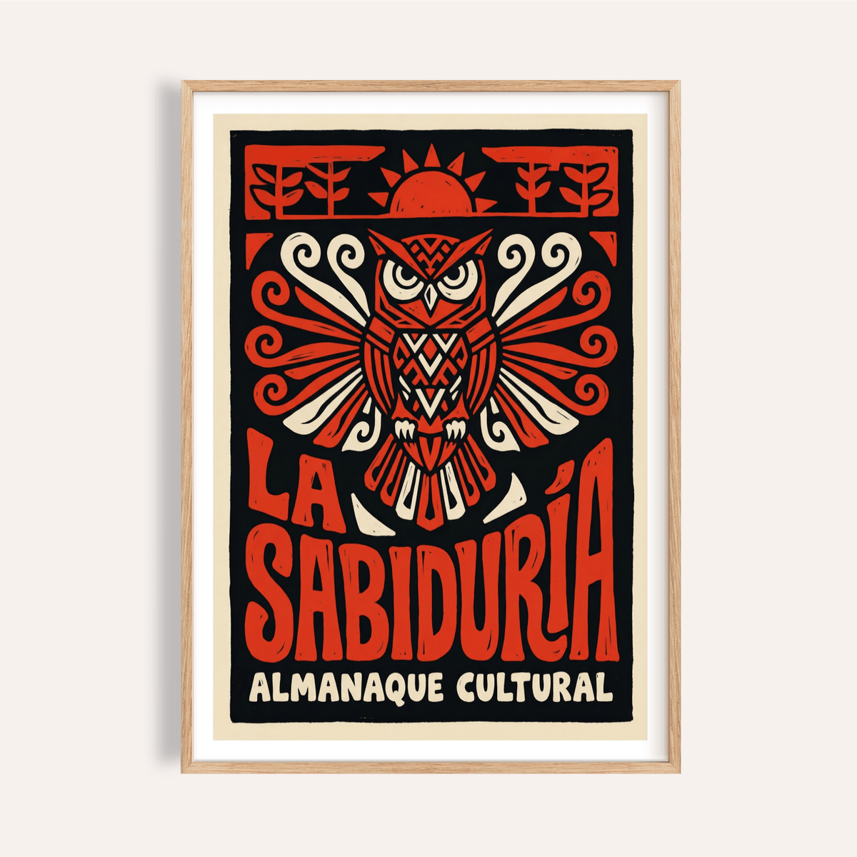 Front view Cultural Owls Poster wall art with stylized owl and sun emblem