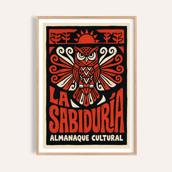 Front view Cultural Owls Poster wall art with stylized owl and sun emblem