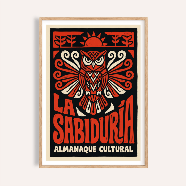 Front view Cultural Owls Poster wall art with stylized owl and sun emblem