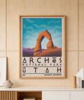 Centered Delicate Arch wall art poster with textured sky and desert ridge line