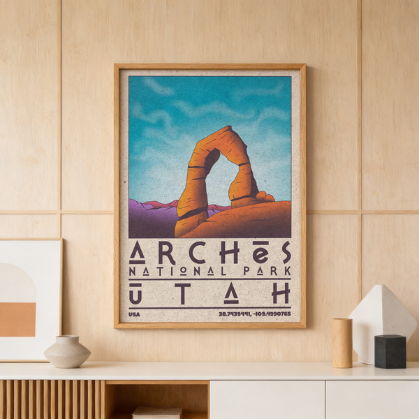 Centered Delicate Arch wall art poster with textured sky and desert ridge line
