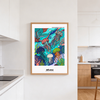 Jellyfish Ocean Art Print wall art with multiple jellyfish and abstract sea plants