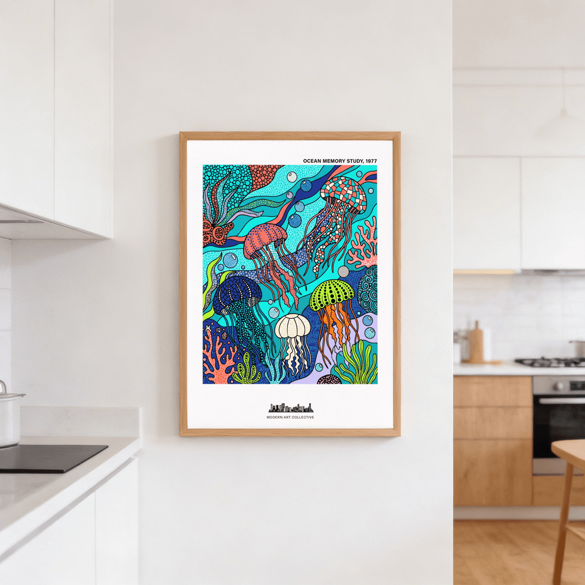Jellyfish Ocean Art Print wall art with multiple jellyfish and abstract sea plants