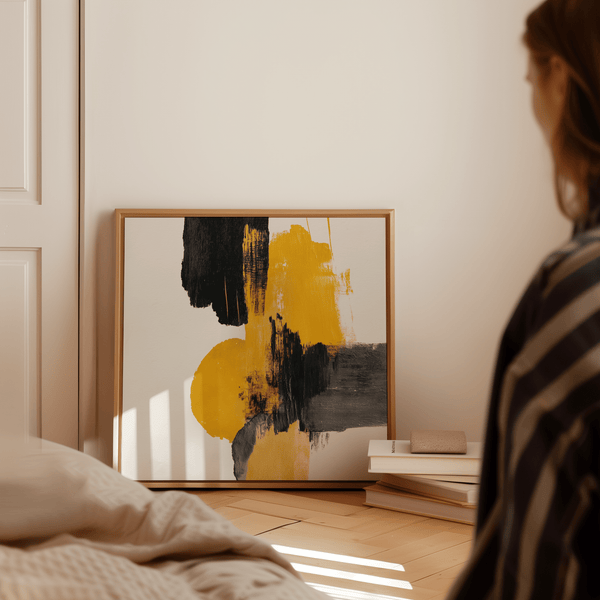 Abstract Square Art Print with yellow and black tones for dining room